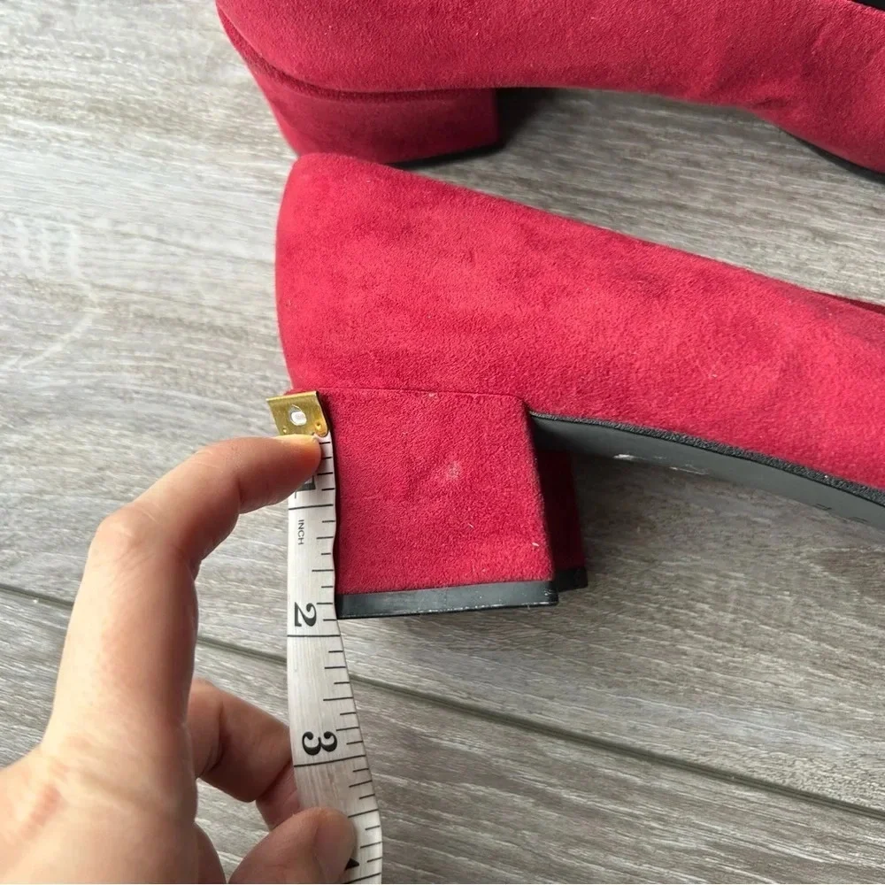 St. Michael Red Faux Suede Square Toe Block Heel Pumps - Picture 13 of 13